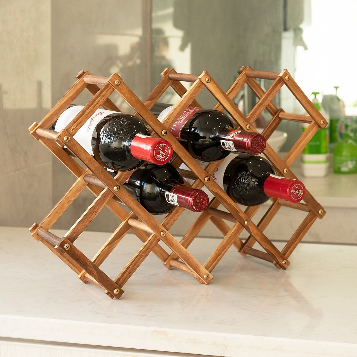 Foldable Wooden Wine Rack with Stackable Countertop Design for Standard Bottles and Home Bar Storage