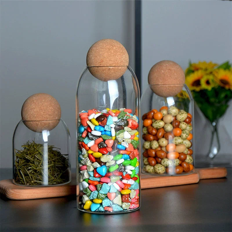 Round Cork Glass Jar with Sealed Display Design for Tea Coffee Beans Dried Flowers and Pantry Storage