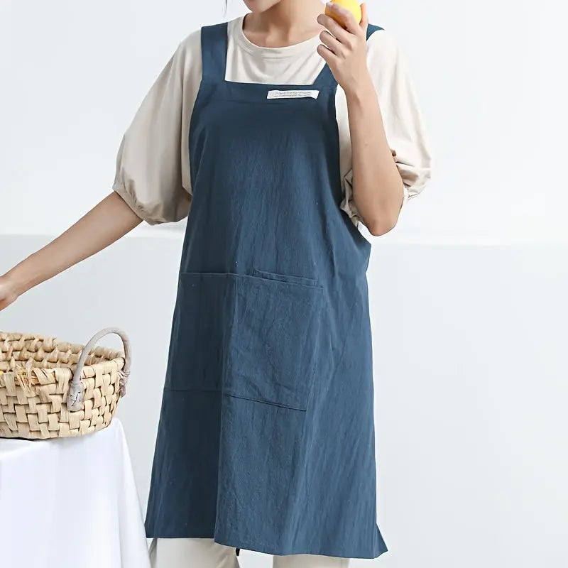 Japanese Korean Style Cross Back Cotton and Linen Apron with Pockets for Kitchen and Work