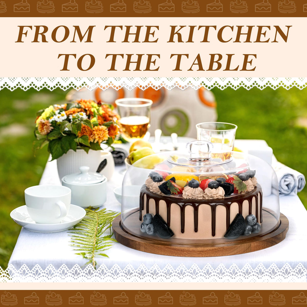 12-Inch Rotary Wooden Cake Stand with Dome Top Cover for Wedding Cupcakes and Dessert Displays (13×13×8"/32×32×20cm)