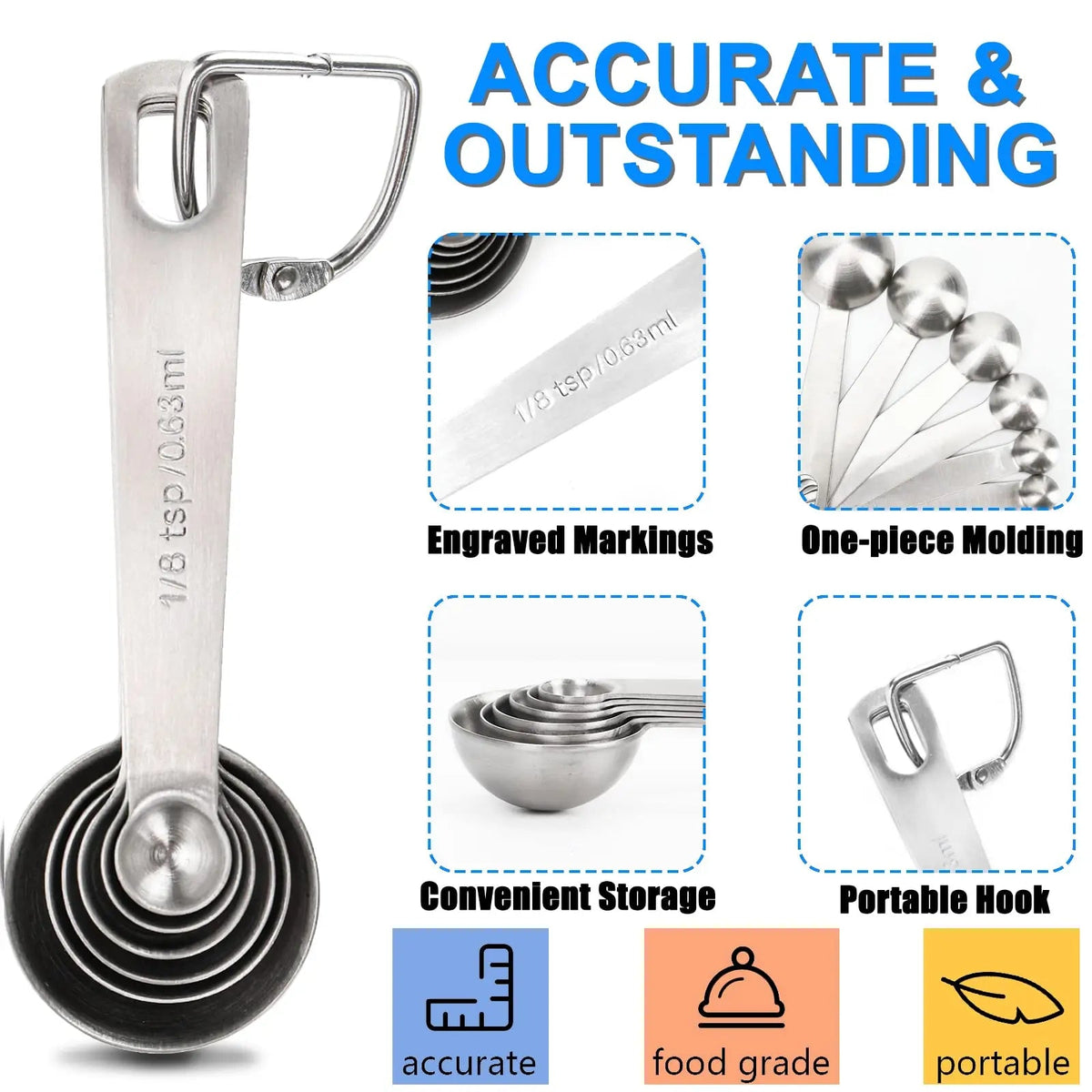 6 Piece Stainless Steel Measuring Spoons Set Food Grade Kitchen Baking Tools