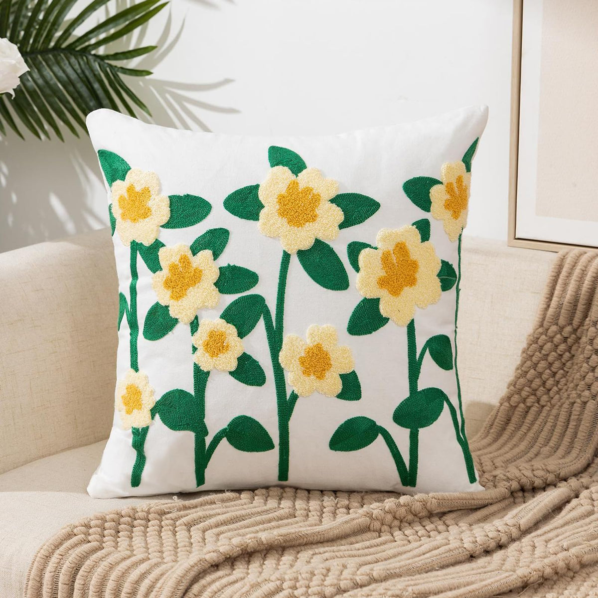 Embroidered Floral Throw Pillow Cover 18x18 Inch Cotton Canvas with Hidden Zipper for Sofa, Bed, and Living Room Decor
