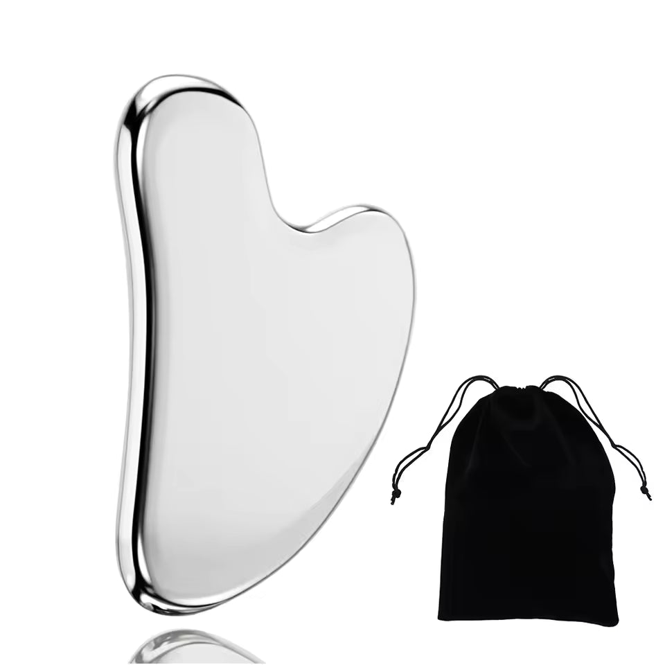 Stainless Steel Gua Sha Tool with Smooth Polished Surface and Travel Pouch for Daily Skincare Massage