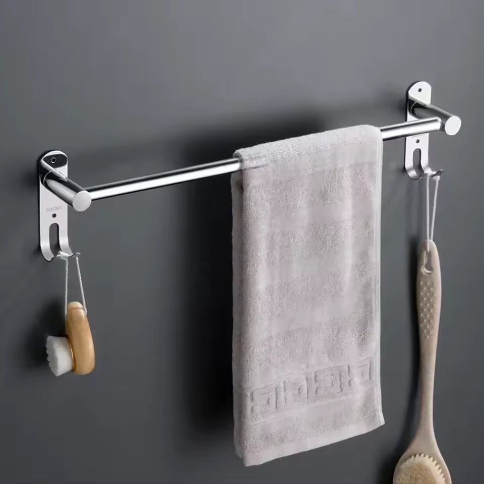 Retractable Stainless Steel Towel Bar Wall Mounted Bathroom Towel Holder with Hooks