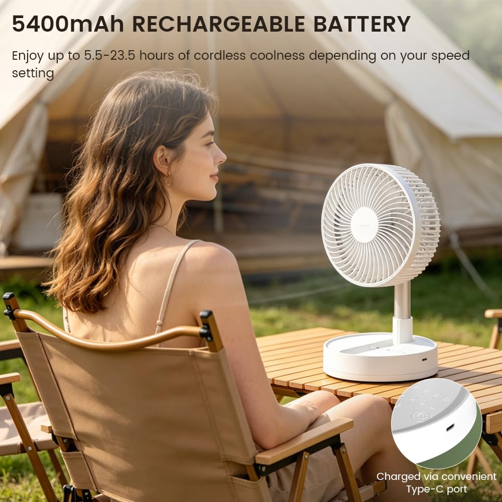 Foldable Portable USB Fan with 4 Speed Settings, Rechargeable Battery and Adjustable Height for Indoor and Outdoor Use