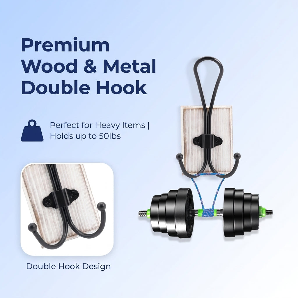 2 Pcs Wooden Pine Hook Rack with Self Adhesive Metal Hooks for Bathroom and Entryway Storage