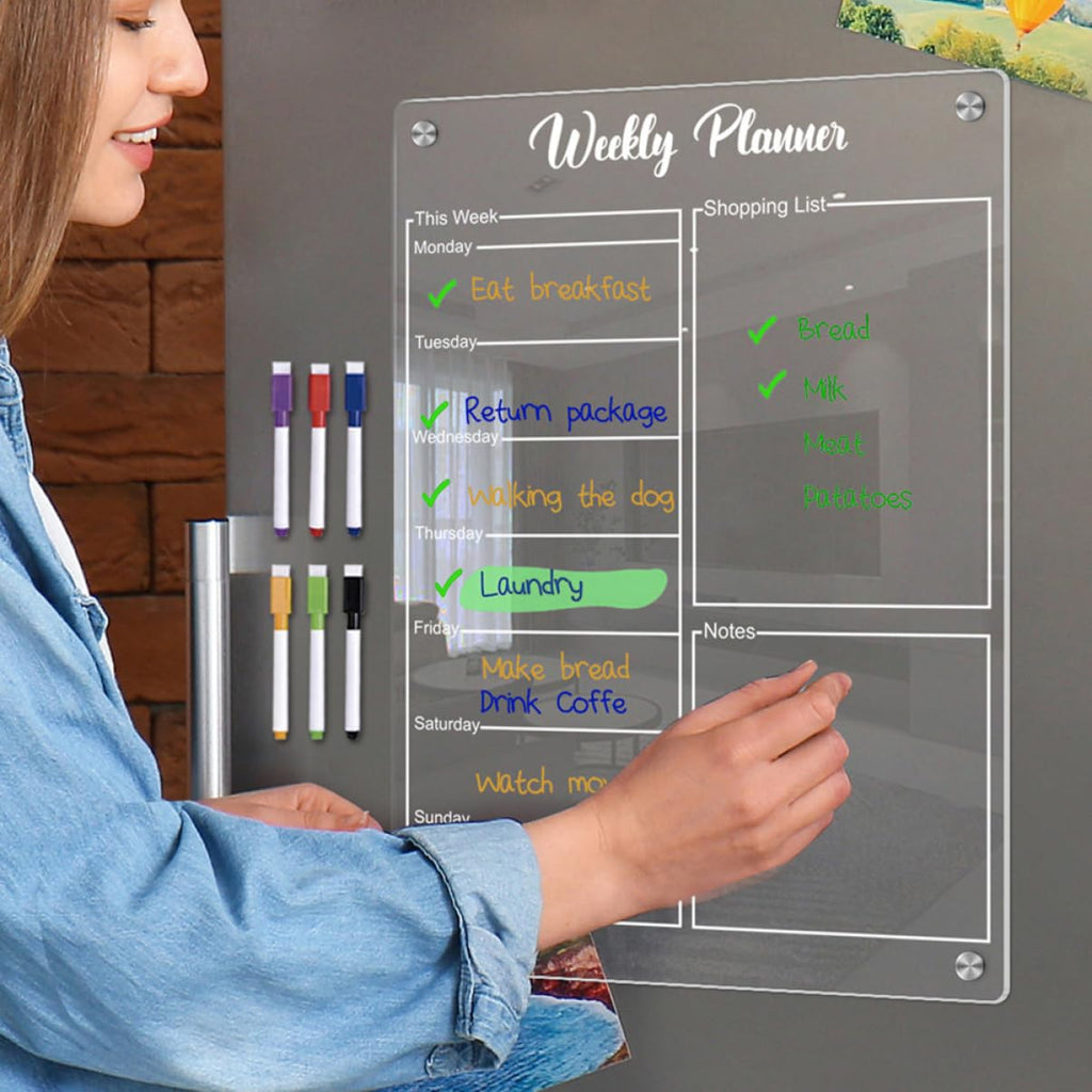 Magnetic Weekly Planner with Transparent Acrylic Dry Erase Design for Refrigerator Schedules and Meal Planning