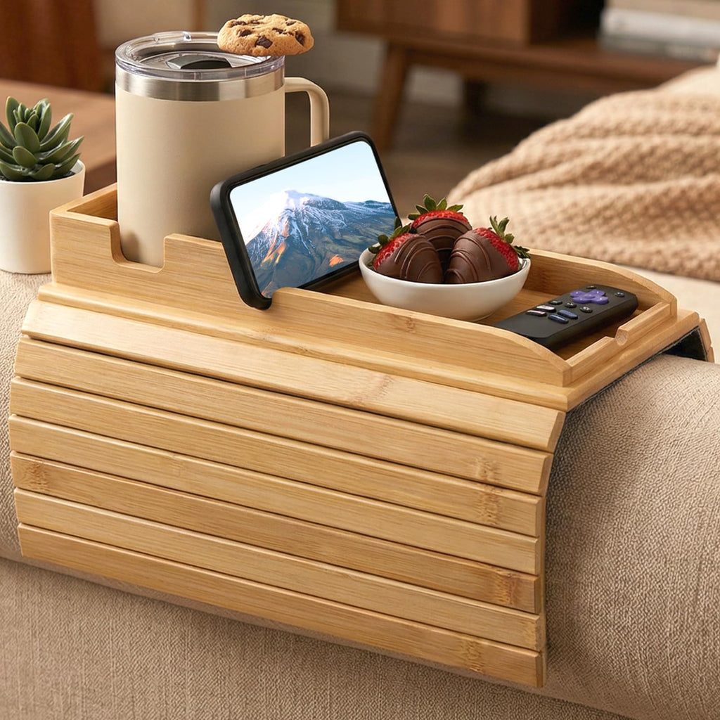 Foldable Bamboo Sofa Armrest Tray with Cup Holder and Anti Slip Couch Side Storage