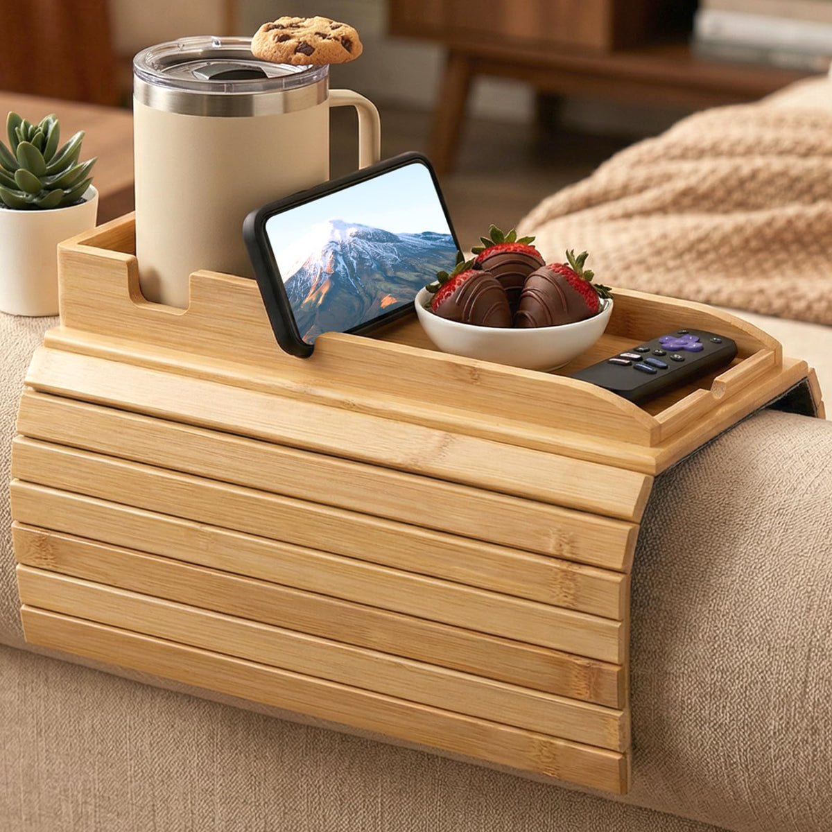Foldable Bamboo Sofa Armrest Tray with Cup Holder and Anti Slip Couch Side Storage