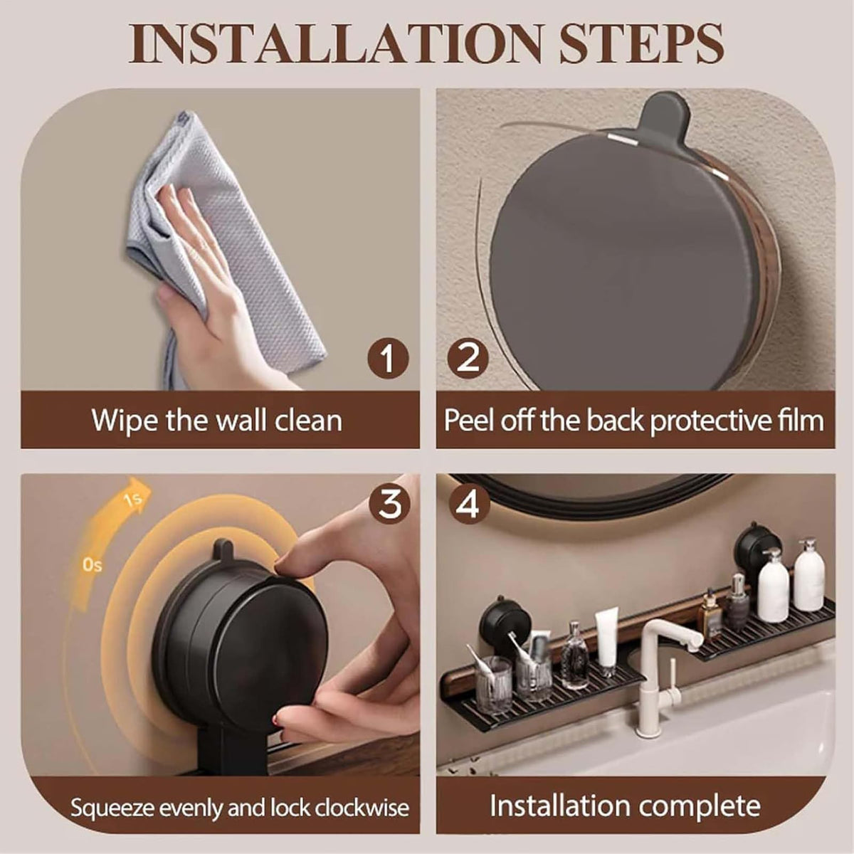 Suction Bathroom Shelf with Walnut Accent and No Drill Design for Sink and Wall Storage