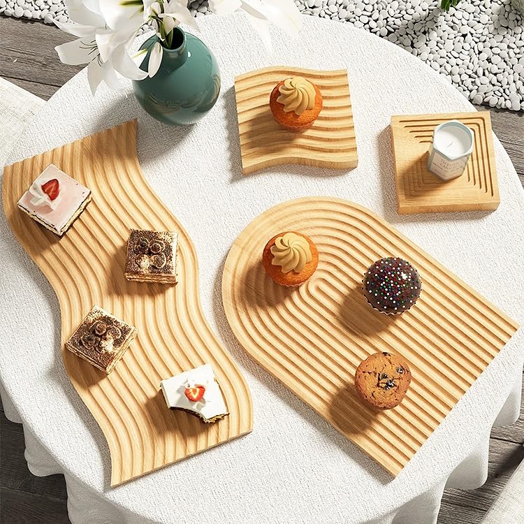 Wave Shaped Wooden Decorative Tray in Beech Wood for Coffee Table Display Serving and Home Decor