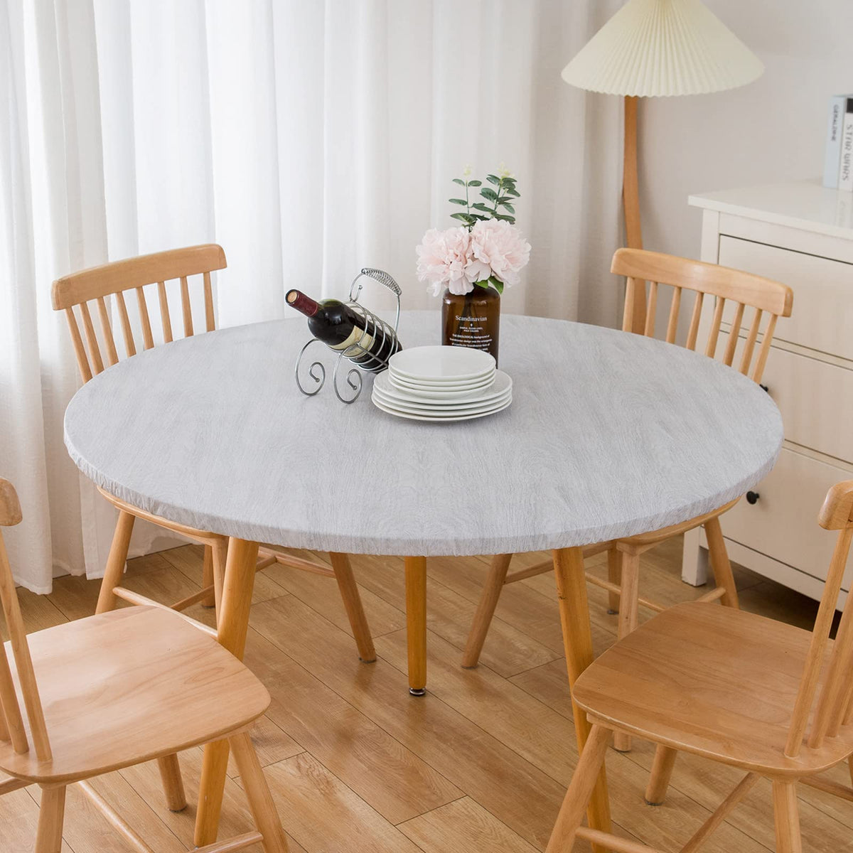 Elastic Fitted Round Vinyl Tablecloth Waterproof Table Cover for Dining Table Party Camping Use