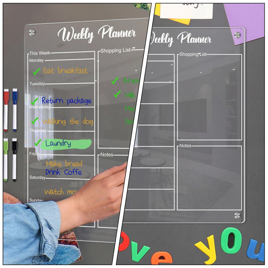 Magnetic Weekly Planner with Transparent Acrylic Dry Erase Design for Refrigerator Schedules and Meal Planning