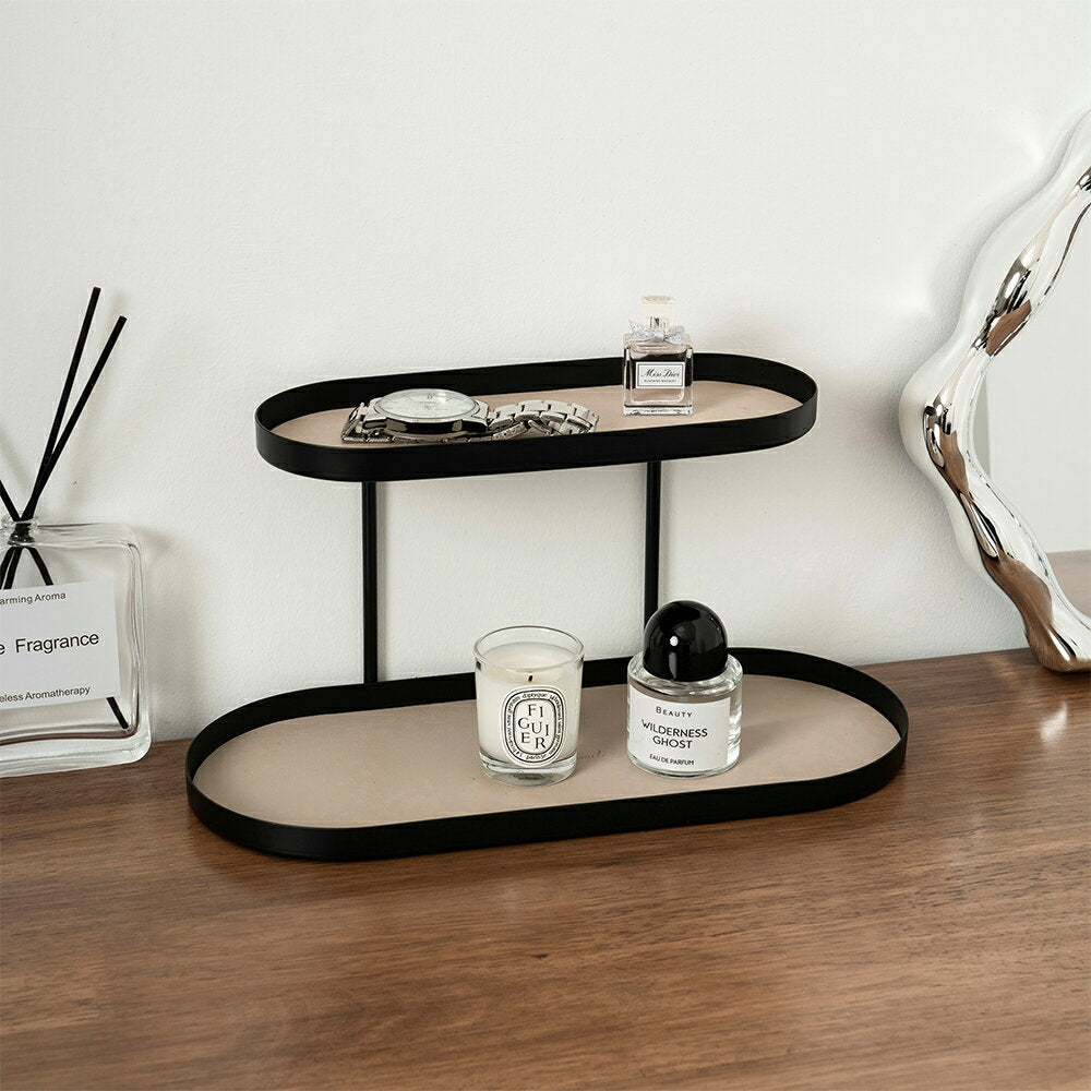 2-Tier Vanity Shelf with Oval Metal Frame for Perfume Cosmetics Lipstick and Countertop Storage