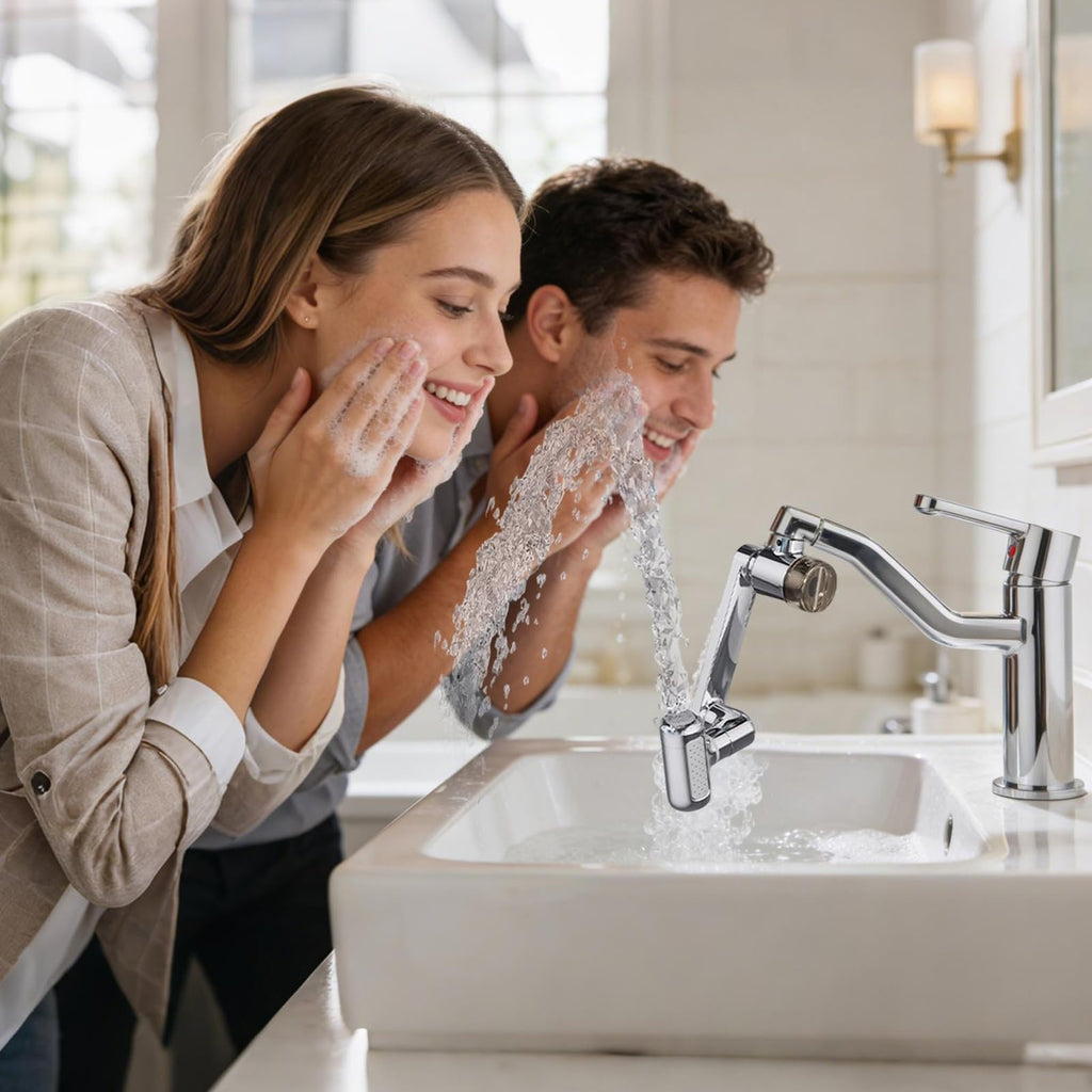 Brass Faucet Extender with 1440 Degree Rotation and 4 Spray Modes for Kitchen Sink Cleaning and Rinsing Use (2 Filter Cartridges Included)
