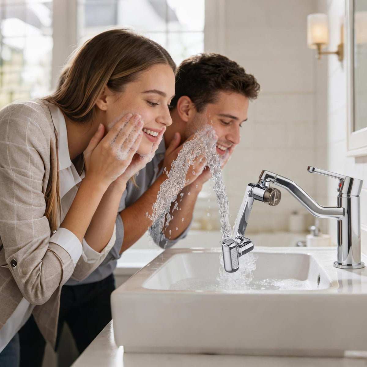 Brass Faucet Extender with 1440 Degree Rotation and 4 Spray Modes for Kitchen Sink Cleaning and Rinsing Use (2 Filter Cartridges Included)