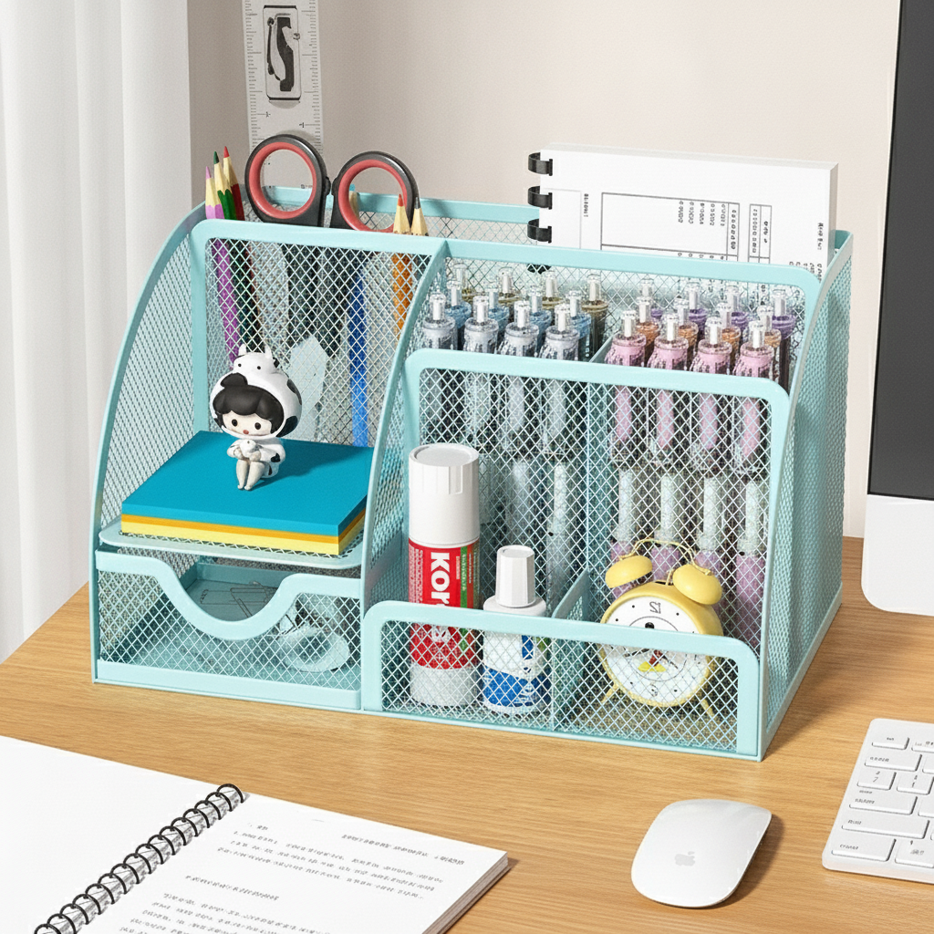Metal Stationery Holder with 7 Compartments and Drawer for Office Supplies and Desktop Storage