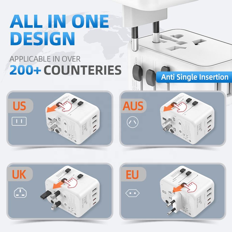 20W 2U-2C Universal Travel Adapter with USB and Type C Ports for International Charging During Travel