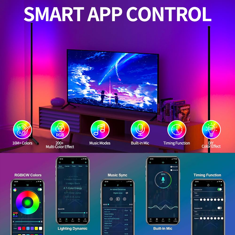 RGB LED Corner Floor Lamp with App Control Music Sync and Color Changing Light for Bedroom Living Room and Gaming Spaces (10W)