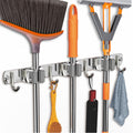 Stainless Steel Mop and Broom Holder Wall Mounted Organizer for Bathroom Kitchen and Cleaning Tool Storage (3 Clips + 4 Hooks Design)