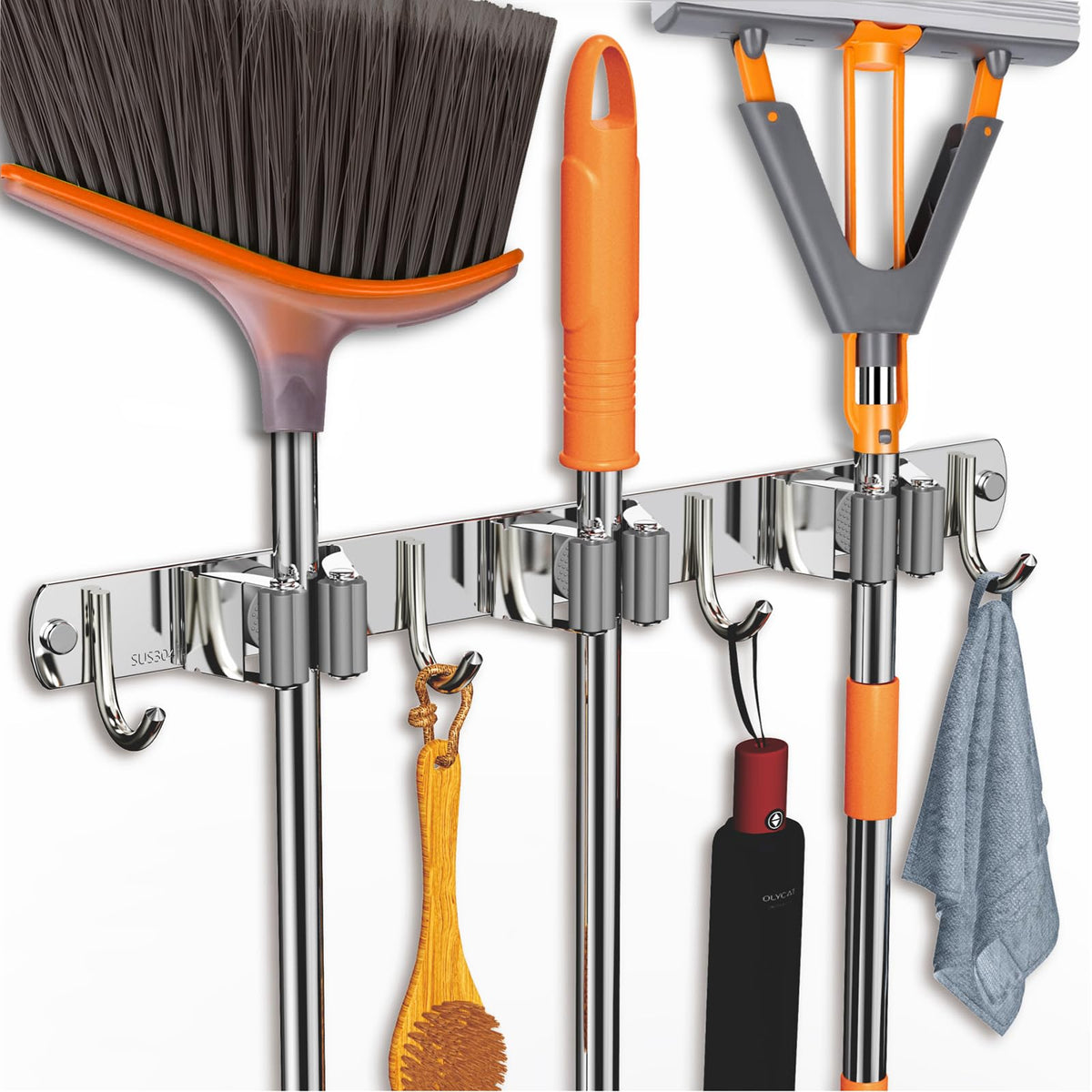 Stainless Steel Mop and Broom Holder Wall Mounted Organizer for Bathroom Kitchen and Cleaning Tool Storage (3 Clips + 4 Hooks Design)