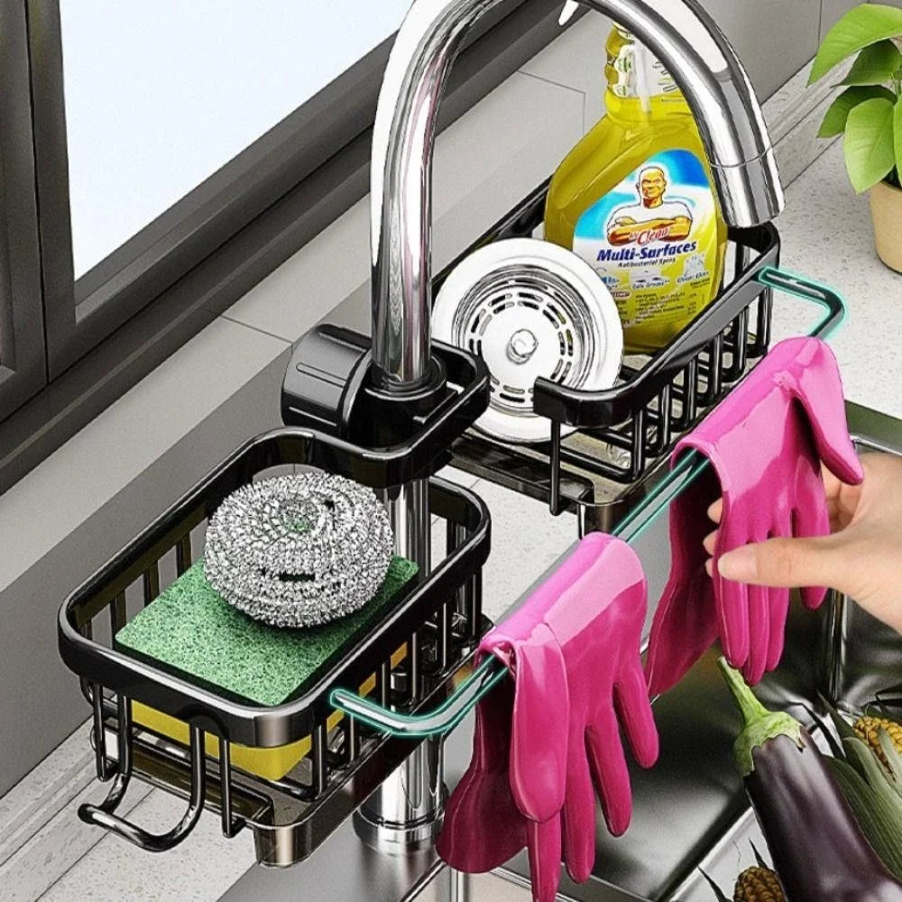 Aluminum Sink Drain Rack with Detachable Faucet Mounted Design for Kitchen Sponge and Soap Storage