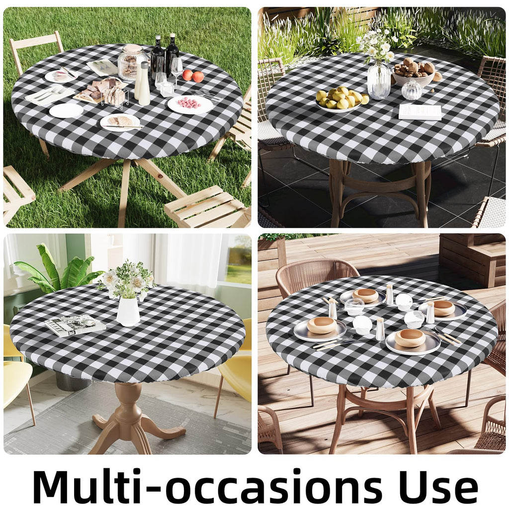 Elastic Fitted Round Vinyl Tablecloth Waterproof Table Cover for Dining Table Party Camping Use
