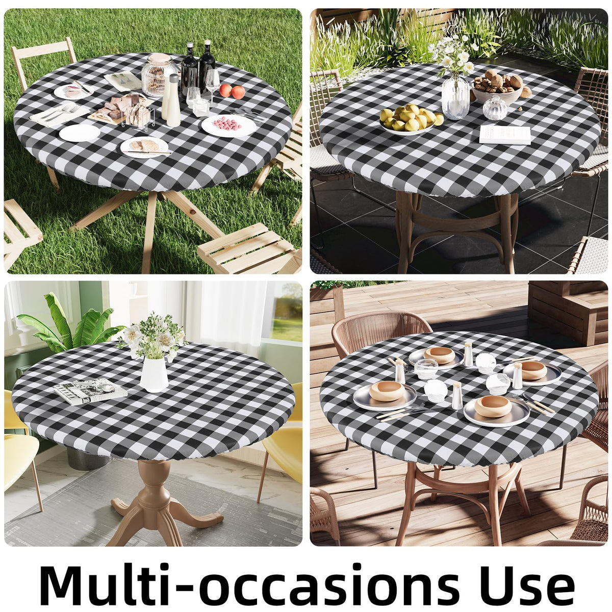 Elastic Fitted Round Vinyl Tablecloth Waterproof Table Cover for Dining Table Party Camping Use