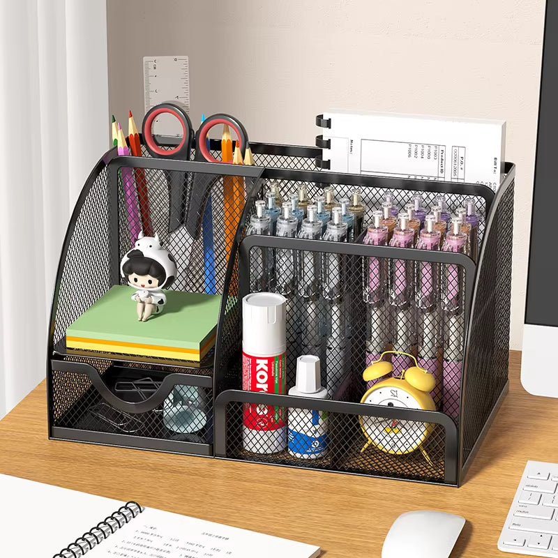 Metal Stationery Holder with 7 Compartments and Drawer for Office Supplies and Desktop Storage