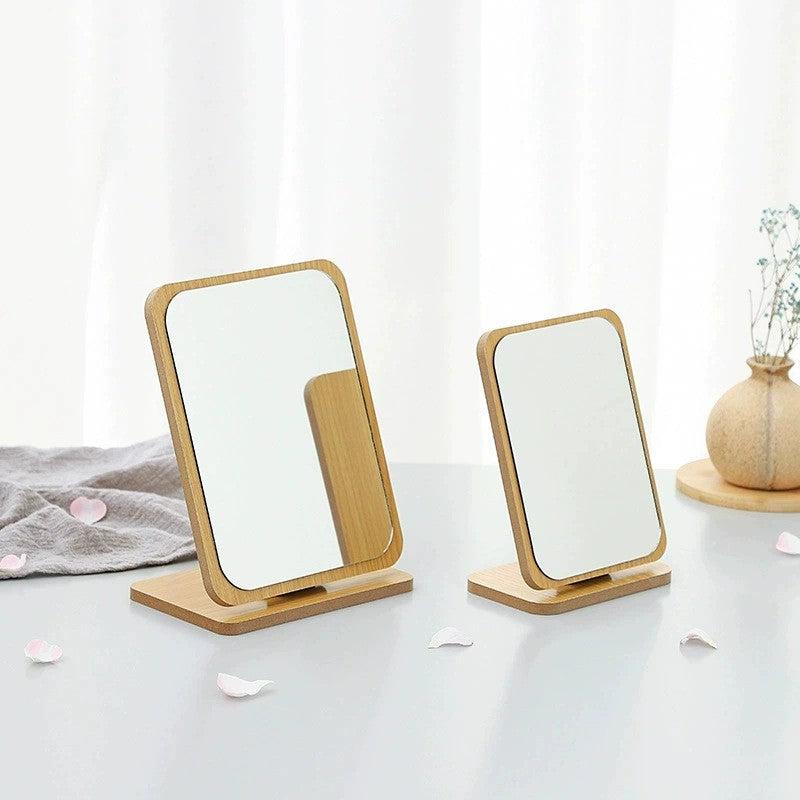 Folding Wooden Makeup Mirror with Adjustable Desktop Stand for Dorm Vanity and Table Use