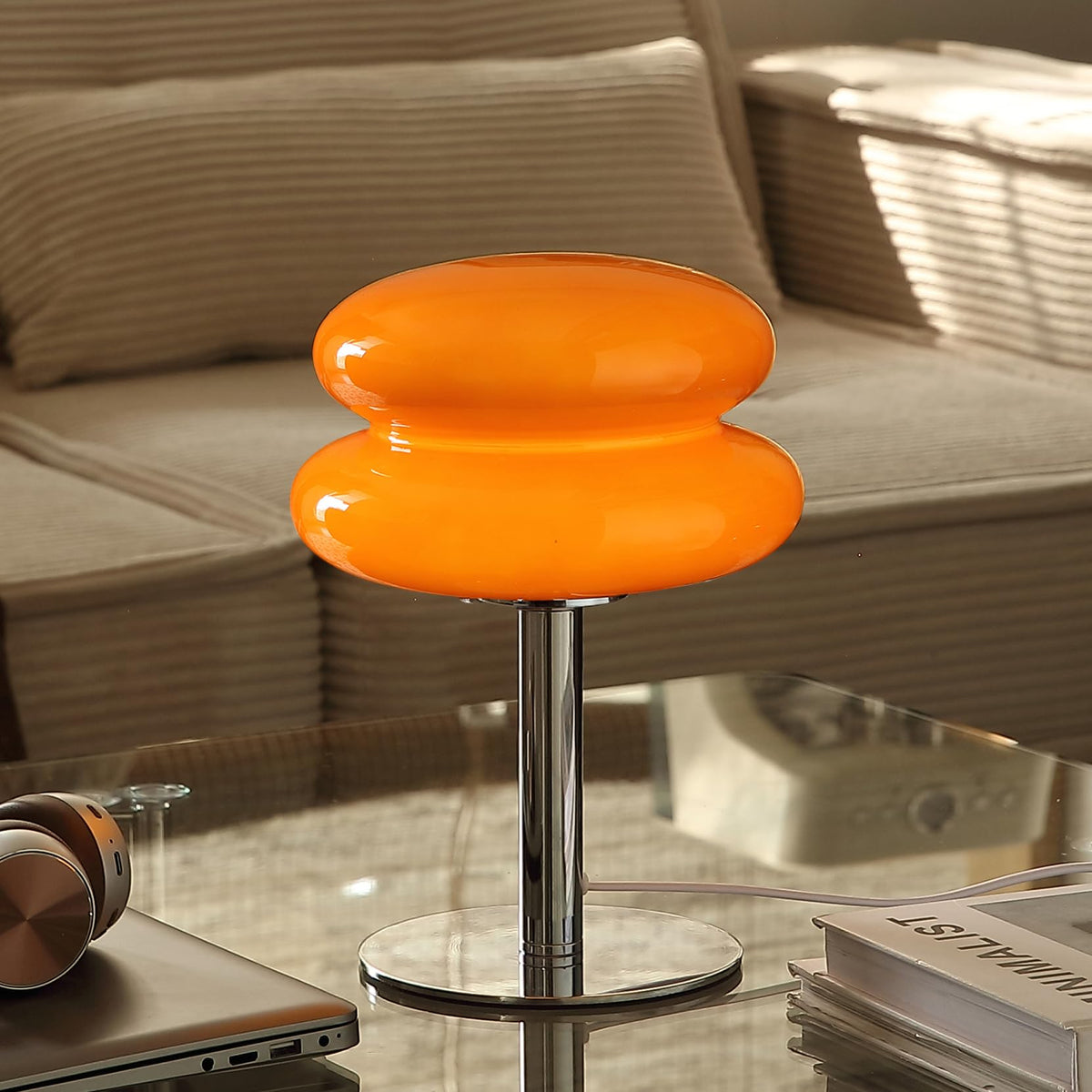 Mushroom Table Lamp with Glass Shade and Stepless Dimmable Light for Bedroom Nightstand and Living Room Decor