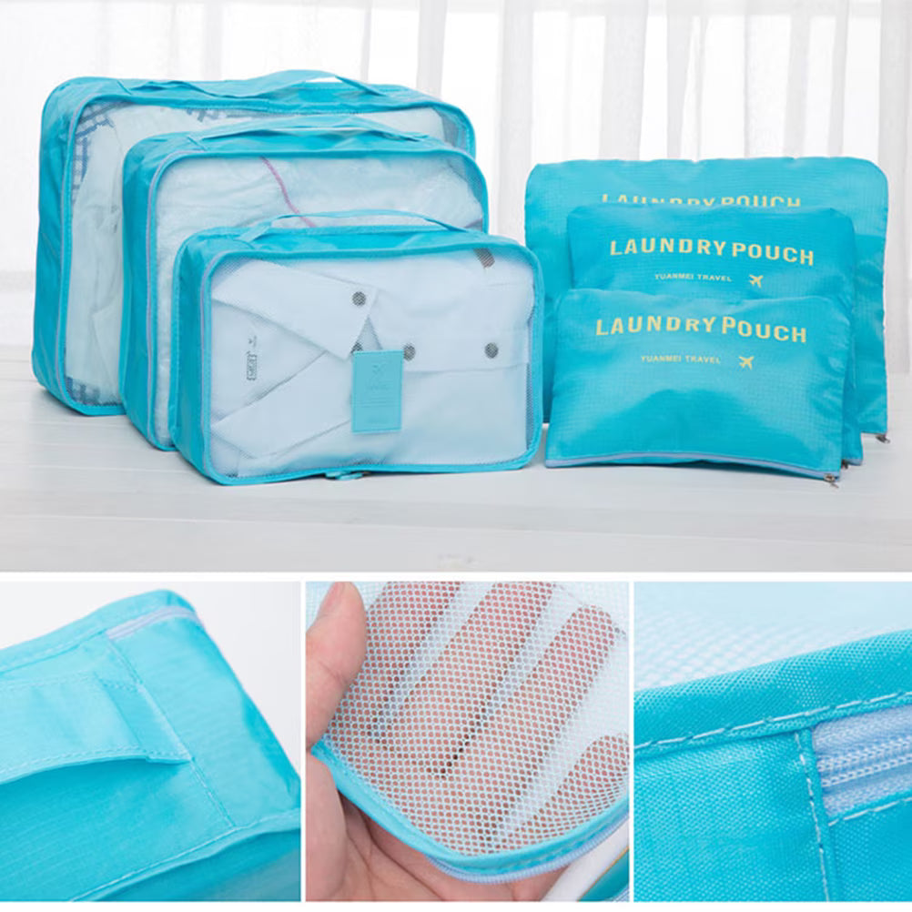 Six-Piece Travel Packing Cubes Set with Mesh Panels for Luggage and Suitcase Organization