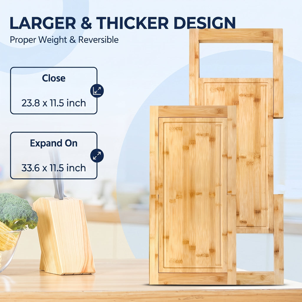 Expandable Bamboo Cutting Board with Juice Groove for Over-Sink Food Preparation and Extra Counter Space