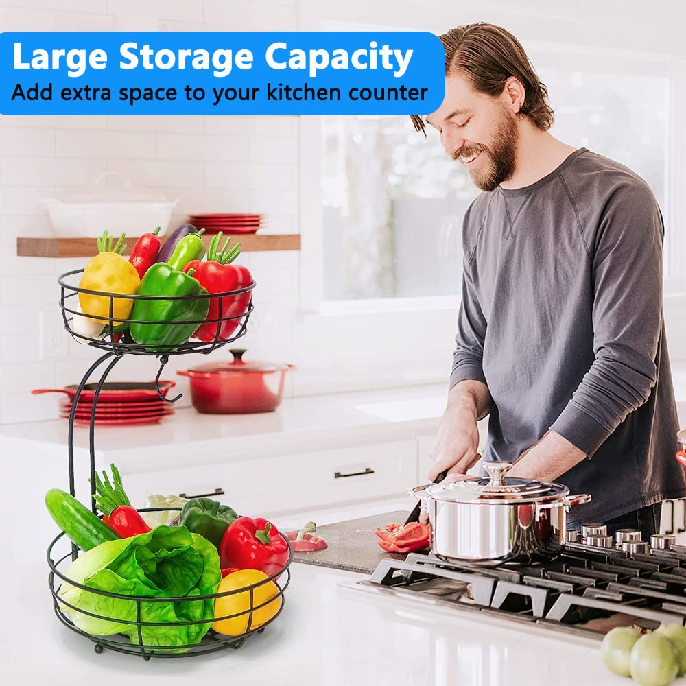 Metal Fruit Basket Stand with Two Tiers and Banana Hanger for Kitchen Countertop Storage