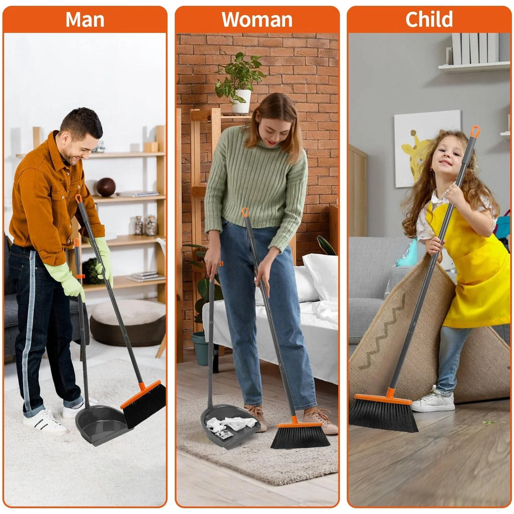Broom and Dustpan Set with Self-Cleaning Teeth and Adjustable Handles for Indoor and Outdoor Sweeping