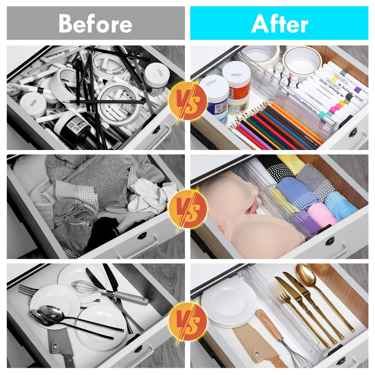 Clear Expandable Drawer Organizers with Adjustable Divider Design for Clothes and Kitchen Storage