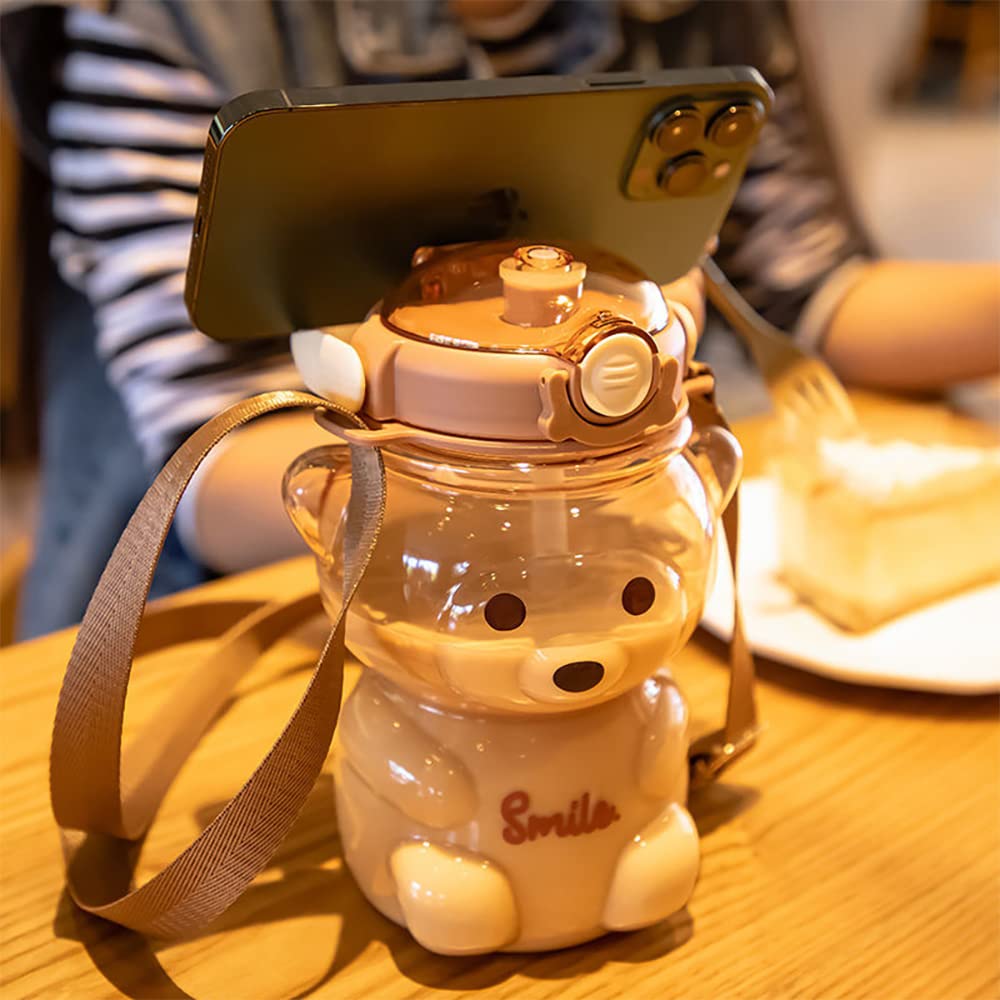 1000ml Cute Bear Water Bottle with 2 in 1 Straw Lid and Leakproof Design for School, Sports and Everyday Hydration