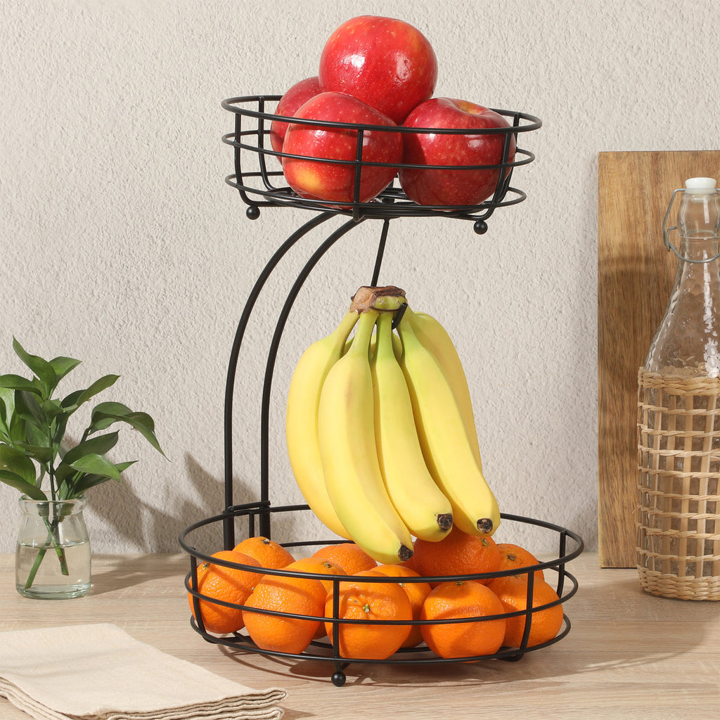 Metal Fruit Basket Stand with Two Tiers and Banana Hanger for Kitchen Countertop Storage