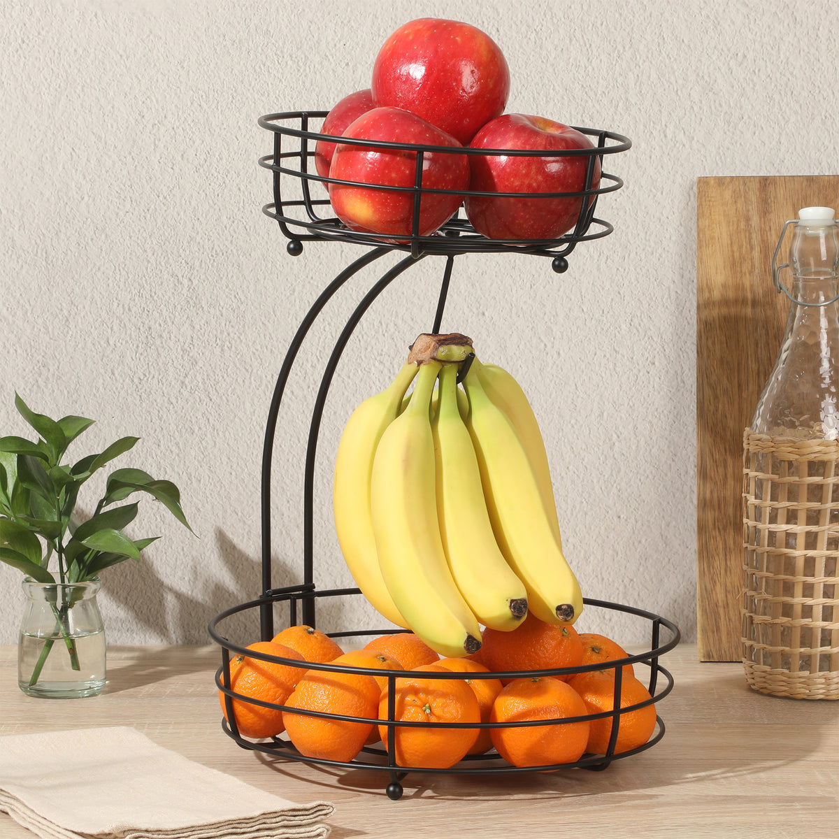 Metal Fruit Basket Stand with Two Tiers and Banana Hanger for Kitchen Countertop Storage