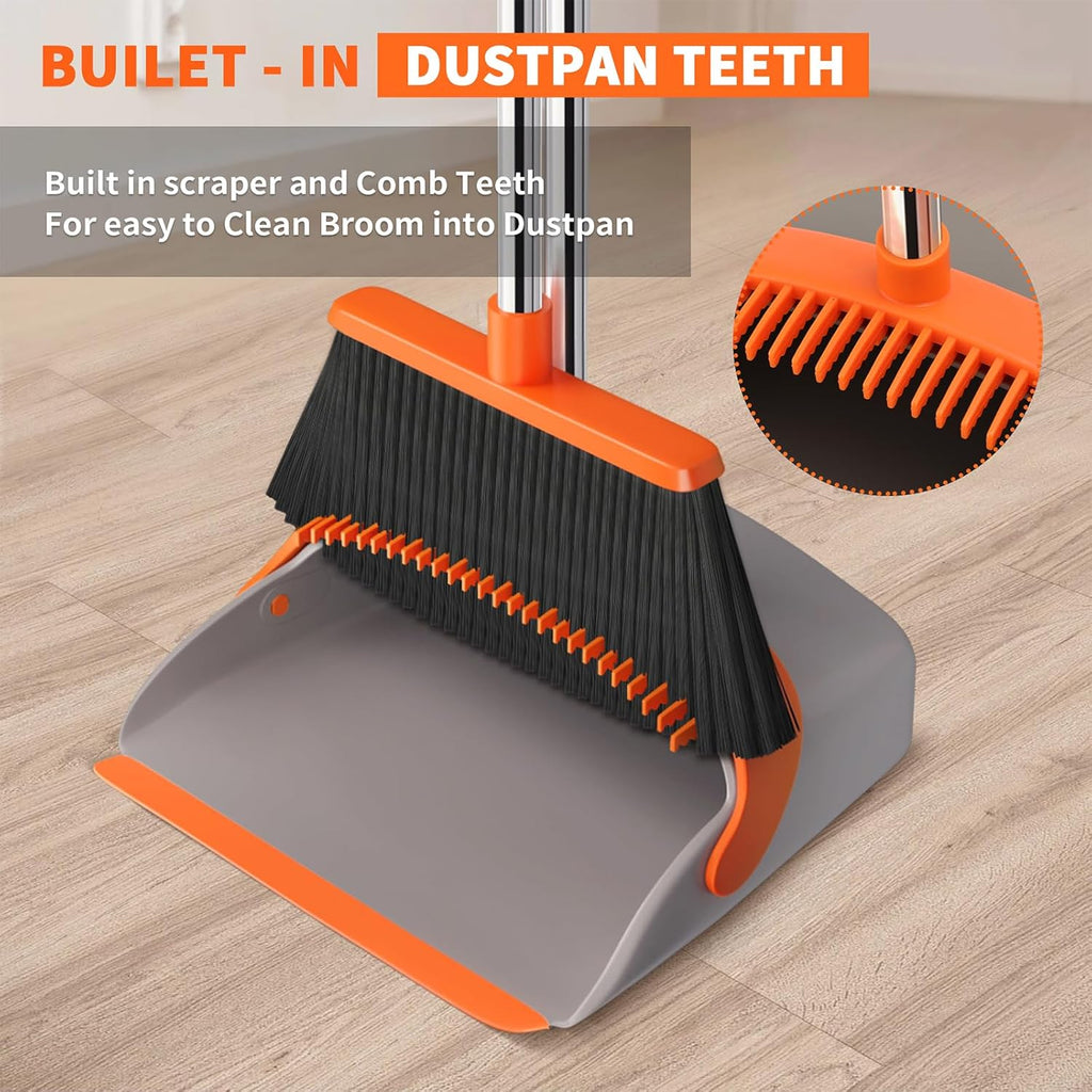 Broom and Dustpan Set with Self-Cleaning Teeth and Adjustable Handles for Indoor and Outdoor Sweeping