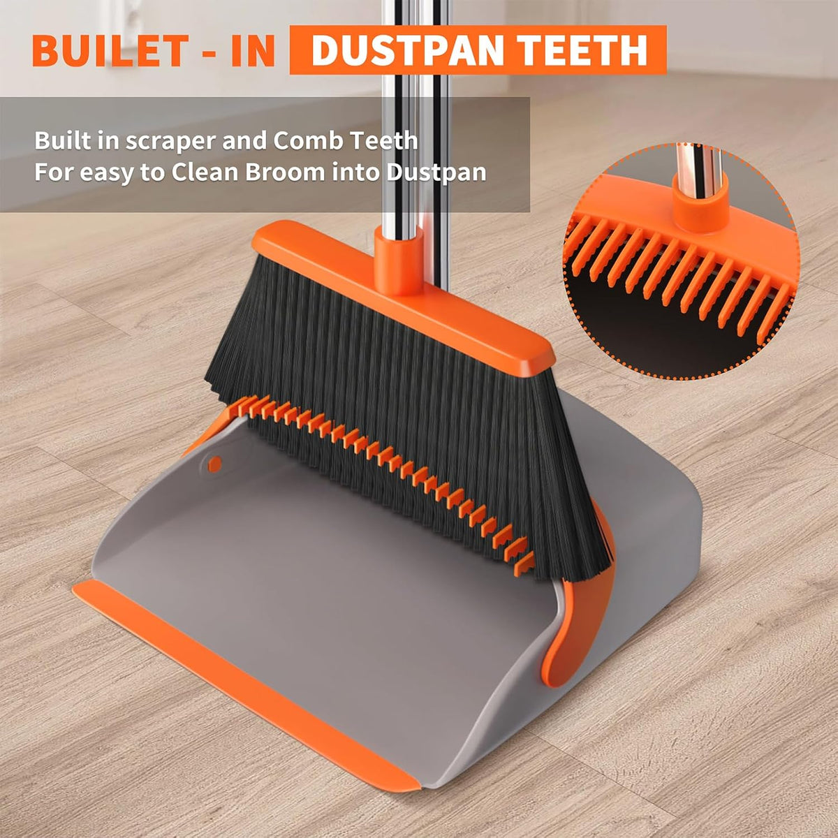 Broom and Dustpan Set with Self-Cleaning Teeth and Adjustable Handles for Indoor and Outdoor Sweeping