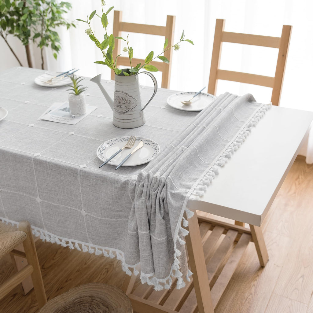 Square Tablecloth Cotton Linen Waterproof Farmhouse Cover with Tassel Edges for Kitchen and Dining Tables