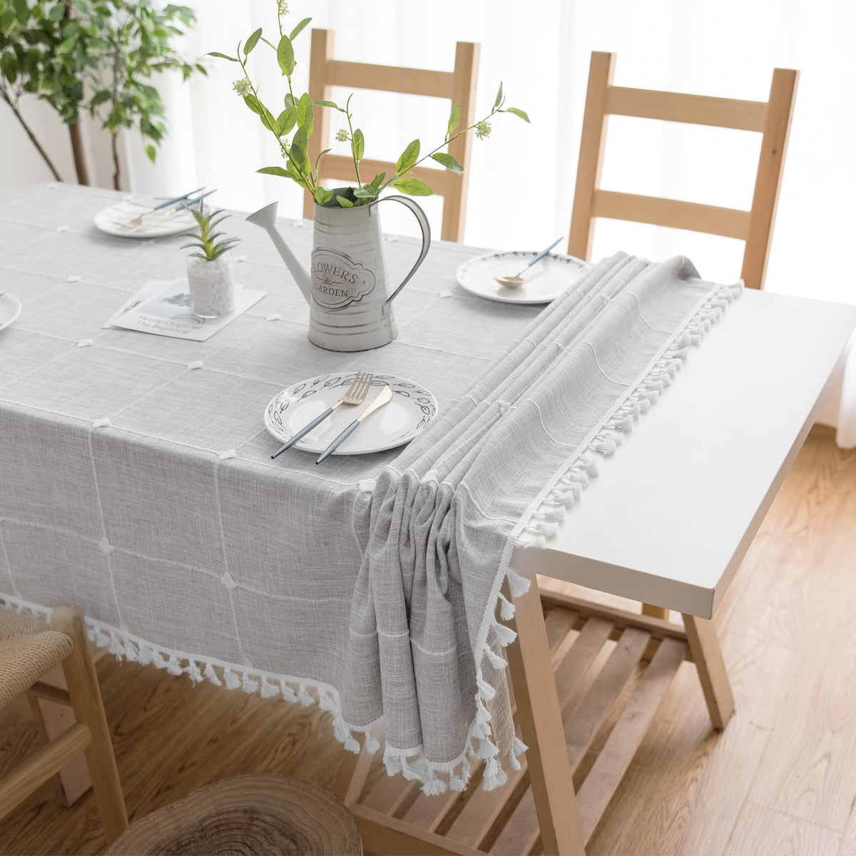 Square Tablecloth Cotton Linen Waterproof Farmhouse Cover with Tassel Edges for Kitchen and Dining Tables