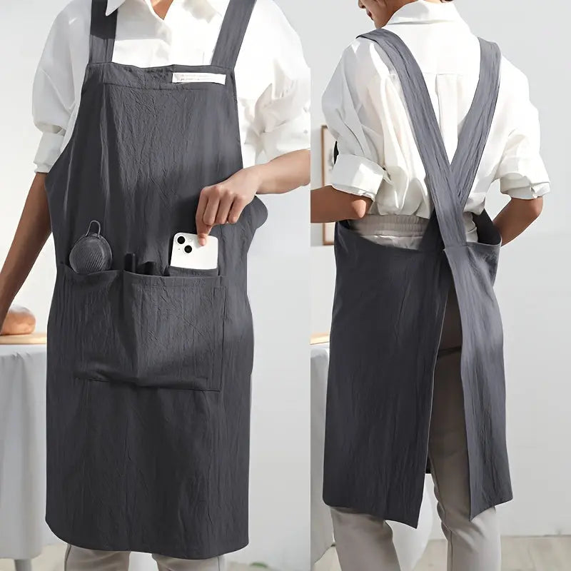 Japanese Korean Style Cross Back Cotton and Linen Apron with Pockets for Kitchen and Work