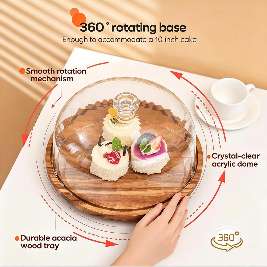 12-Inch Rotary Wooden Cake Stand with Dome Top Cover for Wedding Cupcakes and Dessert Displays (13×13×8"/32×32×20cm)
