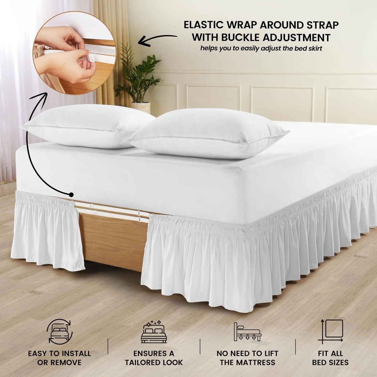 Queen Bed Skirt Elastic Wrap Around Dust Ruffle Wrinkle and Fade Resistant for Adjustable Beds
