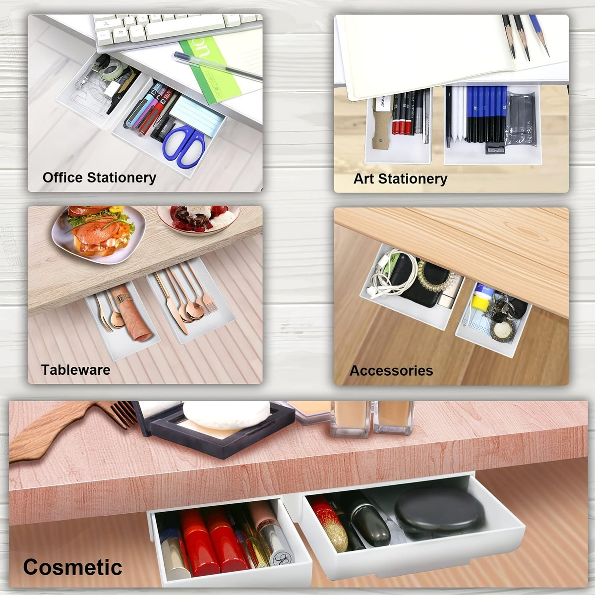 Self Adhesive Under Desk Drawer with Plastic Pencil Tray for Stationery and Small Desk Accessories