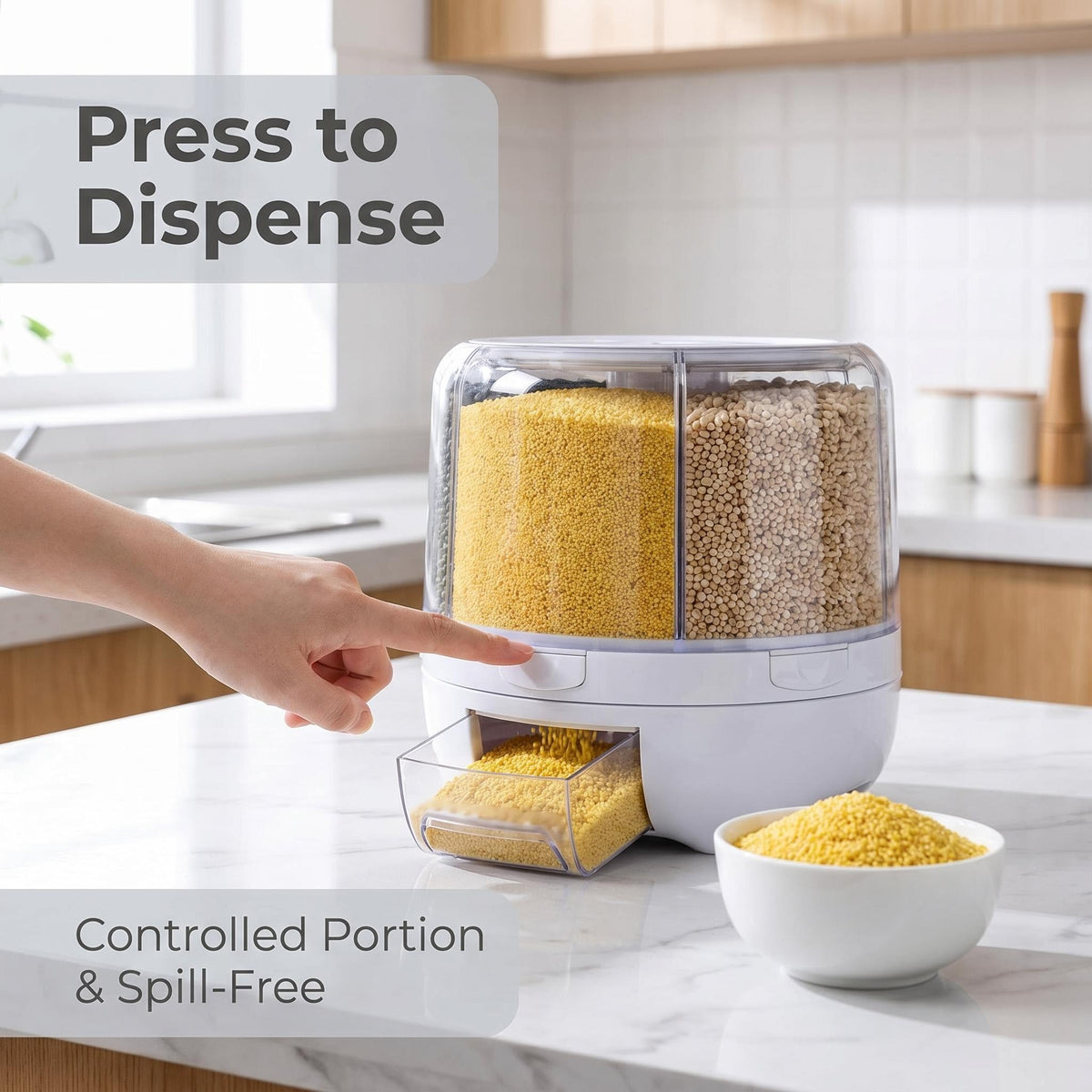 Rotating Food Dispenser with 6-Grid Airtight Design for Grains Cereal Rice and Dry Goods