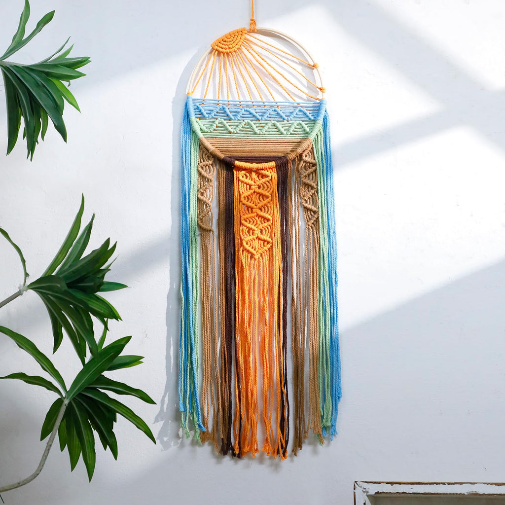 Boho Macrame Sunrise Wall Hanging Cotton Dream Catcher Style Tapestry for Bedroom Living Room Decor