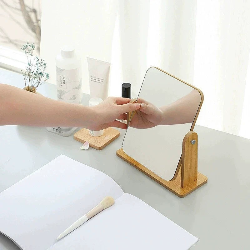 Folding Wooden Makeup Mirror with Adjustable Desktop Stand for Dorm Vanity and Table Use